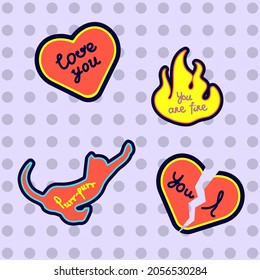 Trendy patch badges with hearts, cat, fire and other elements. Vector illustration. Set of stickers, pins, patches in cartoon style.