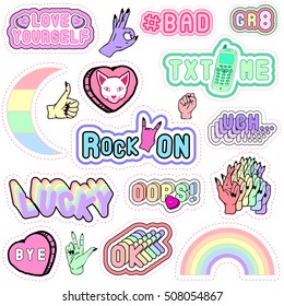 Trendy patch badges with words and phrases and other elements: Rock on, Love Yourself, Oops!, etc. Cute pastel girlish colors. Set of stickers, pins, patches in 80s-90s style.