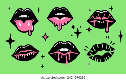 Trendy patch icons with black lips on green background. Set of stickers, pins, patches in cartoon gothic spooky style.
