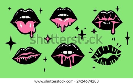 Trendy patch icons with black lips on green background. Set of stickers, pins, patches in cartoon gothic spooky style.