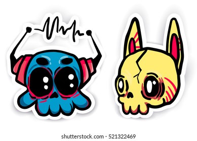 Trendy Patch, Pins, badges  and stickers set. Skulls Vector.