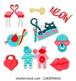 Trendy patches badges, stickers and pins with love element for Valentines day. Isolated on white background.  Vector illustration eps