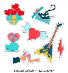 Trendy patches badges, stickers and pins with love element for Valentines day. Isolated on white background.  Vector illustration eps