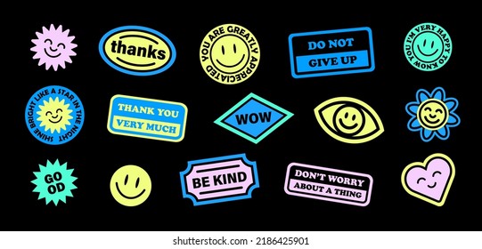 Trendy Patches Vector Design. Cool abstract background with smiley stickers, flowers and motivational quotes. Good Vibes, wow, be kind, don't worry Smile Badges.	
