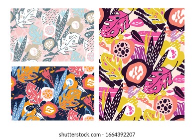 Trendy pattern. Abstract hand drawn doodle leaves, palm tree. Botanical design. Template design elements for background, pattern, banner. Flower set. Leaves set.