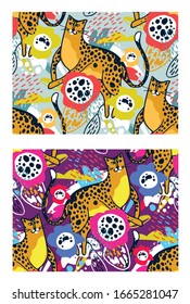 Trendy pattern. Abstract hand drawn doodle leaves and leopard. Botanical design. Template design elements for background, pattern, banner. Flower set. Leaves set.