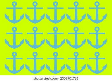 Trendy pattern with an anchor. A bunch of blue anchors scattered randomly on a green background
