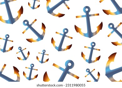 Trendy pattern with an anchor. A bunch of colorful anchors scattered randomly on a white background