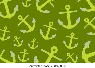 Trendy pattern with an anchor. A bunch of pastel green anchors scattered randomly on a green background
