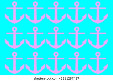 Patrón de moda con ancla. Anclajes rosa pastel repartidos al azar en un fondo azul pastel