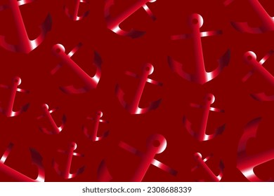 Trendy pattern with an anchor. A bunch of red anchors scattered randomly on a red background