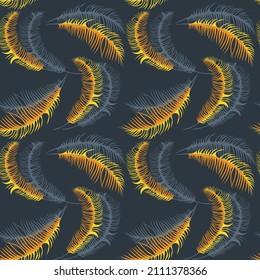 Trendy pattern of blue and yellow-orange feathers on a blue background. In doodle style. Elegant repeating vector texture suitable for wallpapers, covers, cards, packaging, fabrics and other decor