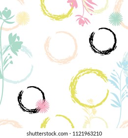 Trendy pattern with brush strokes and abstract blue and pink flowers