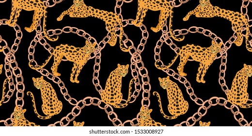 Trendy pattern with chain and leopards. Vector seamless texture.