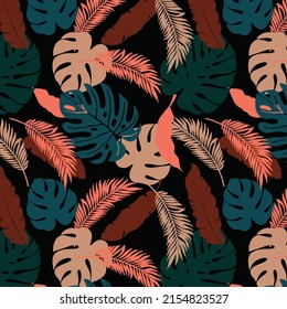 Trendy pattern with colorful tropical leaves and plants on black background. Vector design. Jungle print. Floral background. Printing and textiles. Exotic tropics. Fresh design.