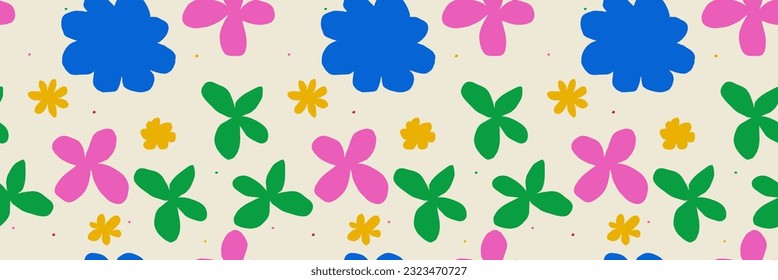 Trendy pattern with naïve colours. Seamless banner background with irregular daisies. Vector Contemporary illustration. In beige and blue and pink and green colors. 