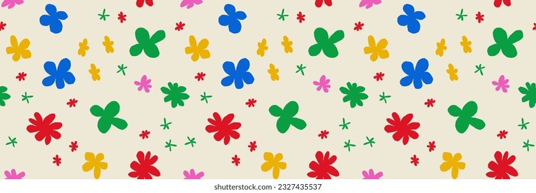 Patrón de moda con colores ingenuos. Fondo de banner sin costura con mareas irregulares. Ilustración vectorial contemporánea. En tonos beige y azul, rosa y verde. 