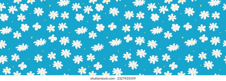 Trendy pattern with naïve colours. Seamless banner background with irregular daisies. Vector Contemporary illustration. In blue and yellow and white colors