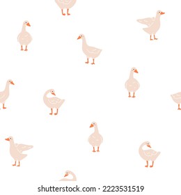 Trendy pattern with cute gooses on white background. Seamless cartoon geese pattern. Vector domestic goose background. Funny rustic print. Vector illustration.