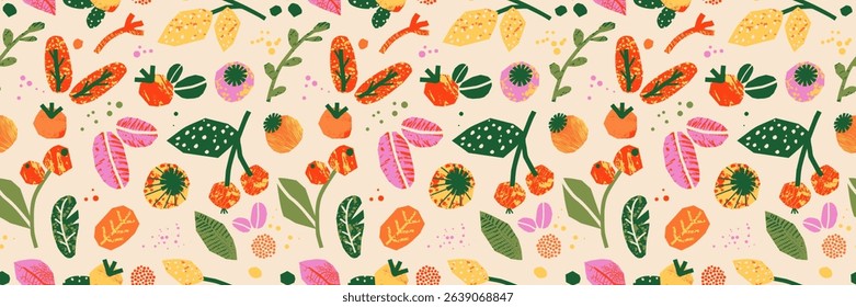 Trendy pattern with cutout collage leaves, berry, forest elements. Seamless banner background with grange texture, warm color. Vector contemporary illustration. Thanksgiving and Harvest Day