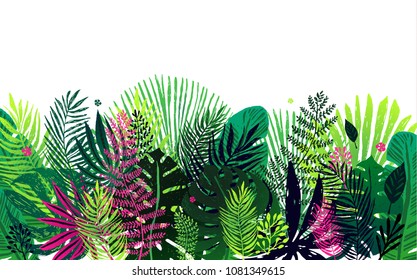 trendy pattern with exotic palm leaves on a white background. Vector botanical illustration, design element for congratulation cards, print, banners and others