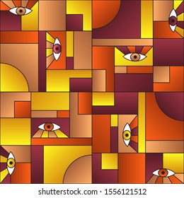 Trendy pattern with eyes in geometric shapes grid 80s and 90s vintage fashion fabric print. Patches composition tile. Open eyes bauhaus geometric seamless pattern. Gradient vector design.