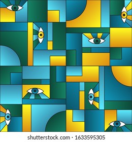 Trendy pattern with eyes in geometric shapes grid 80s and 90s vintage fashion fabric print. Modern background design. Open eyes bauhaus geometric seamless pattern. Interior vector design.
