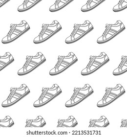 Trendy pattern with fashion classic hand drawn sneakers shoes on a white background, front view. The concept of minimalism, beauty and fashion. Vector outline doodle illustration.