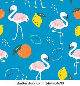 Trendy pattern with flamingo and abstract tropical fruits. Vector seamless texture. 