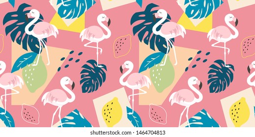 Trendy pattern with flamingo and tropical leaves on abstract background. Vector seamless texture. 