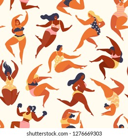 Trendy pattern with girls in summer swimsuits. Body positive. Vector seamless pattern.