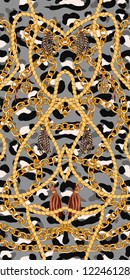 Trendy pattern with gold chains and rope on  leopard skin. Vector.