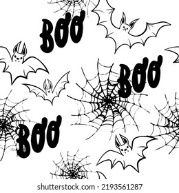Trendy pattern. "Happy Halloween". Bats with web. "Boo.." Freehand drawing. Modern  continuous line vector illustration. "Candies or life"
