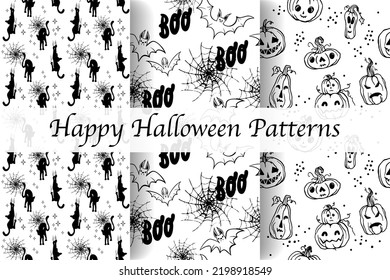 Trendy pattern. "Happy Halloween". Bats, cats, pumpkins with web. "Boo.." Freehand drawing. Modern  continuous line vector illustrations. "Candies or life"