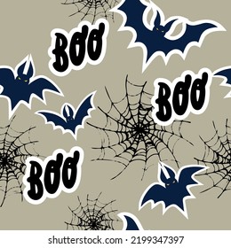 Trendy pattern. "Happy Halloween". Bats with web. "Boo.." Freehand drawing. Modern  continuous line vector illustration. "Candies or life"