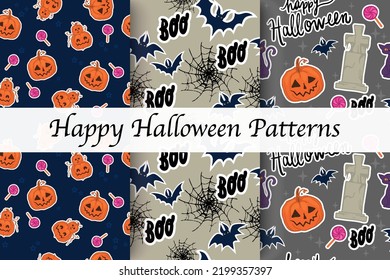 Trendy pattern. "Happy Halloween". Bats, cats, pumpkins with web. "Boo.." Freehand drawing. Modern  continuous line vector illustrations. "Candies or life"