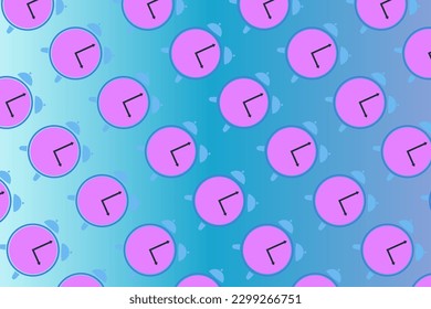 A trendy pattern made of scattered pink clocks on a blue background