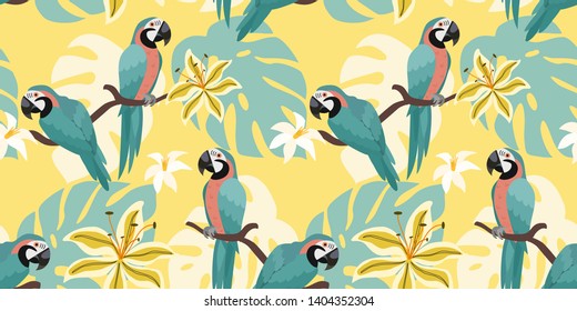 Trendy pattern with parrots and tropical leaves. Vector seamless texture. 
