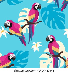 Trendy pattern with parrots and tropical leaves. Vector seamless texture. 