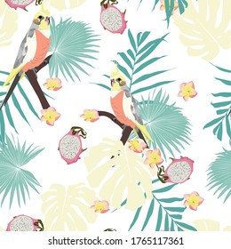 Trendy pattern with parrots, tropical leaves, flowers and exotic fruits. Vintager seamless texture.  Square repeating design for fabric and wallpaper.