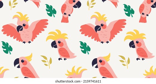 Trendy pattern with parrots and tropical leaves. Vector seamless texture. 