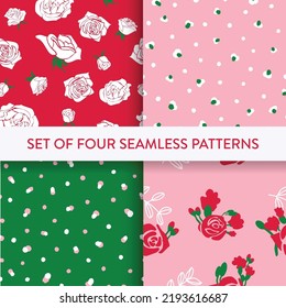 Trendy pattern set with rosebud, polka dot, drop in red, pink, white, green colors. Vector illustration. Pattern collection for print, wallpaper, textile, fashion, gift wrap, wrapping paper.