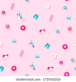 Trendy pattern of summer vacation accessories on a pink background. Summer and vacations concept