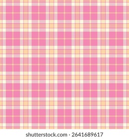 Trendy pattern tartan fabric, thin texture textile check. Bathroom vector background plaid seamless in pink and light yellow colors palette.