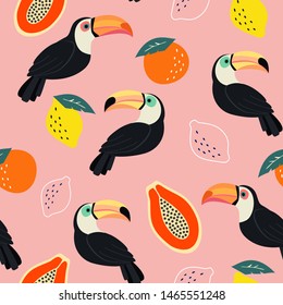 Trendy pattern with toucan and abstract tropical fruits. Vector seamless texture. 