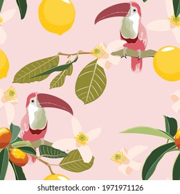 Trendy pattern with toucan and  lemon tropical fruits.Seamless texture.