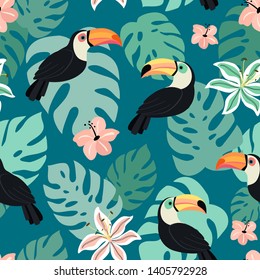 Trendy pattern with toucan and tropical leaves. Vector seamless texture. 