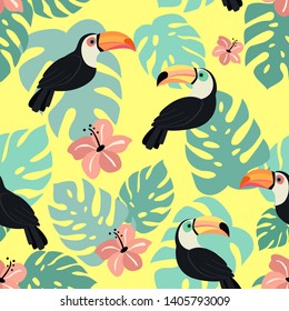 Trendy pattern with toucan and tropical leaves. Vector seamless texture. 