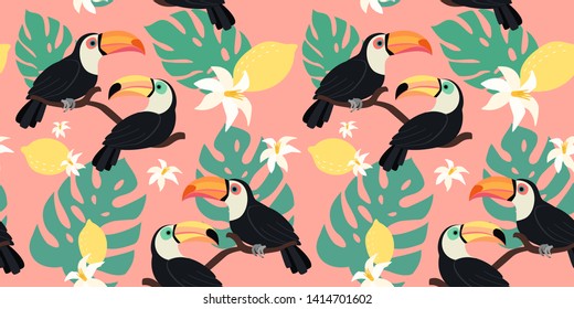 Trendy pattern with toucan and tropical leaves. Vector seamless texture. 