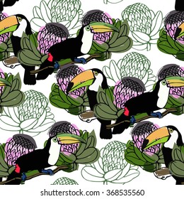 Trendy pattern with toucan and tropical leaves. Vector seamless texture.